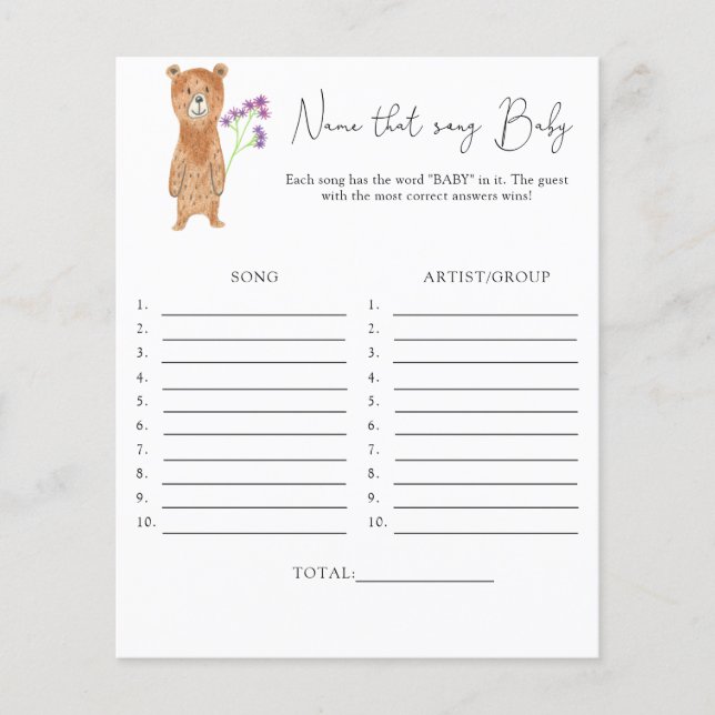 Lámina Adivina esa canción \ Tema de osito juego de baby  (Anverso)