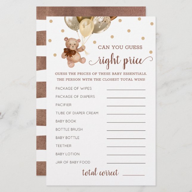 Lámina Adivina juego de precio correcto Baby Shower Teddy (Anverso / Reverso)