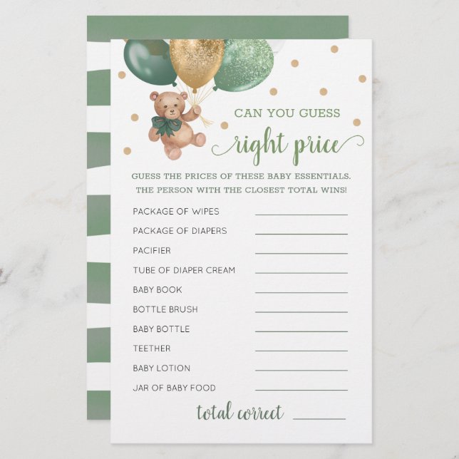 Lámina Adivina juego de precio correcto Baby Shower Teddy (Anverso / Reverso)