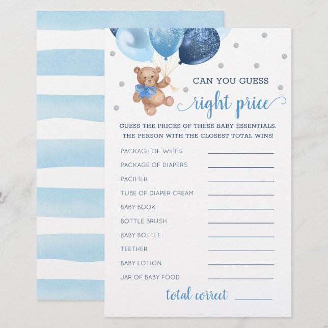 Lámina Adivina juego de precio correcto Baby Shower Teddy (Anverso / Reverso)