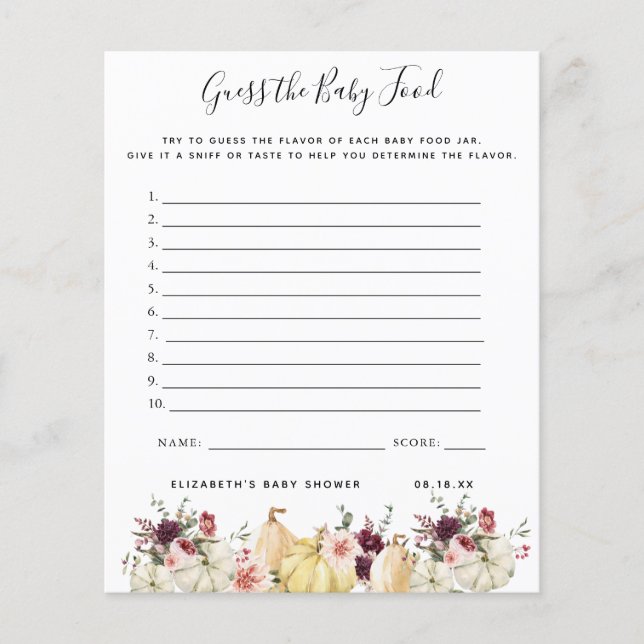 Lámina Adivina la comida para el bebé | Juego Baby Shower (Anverso)