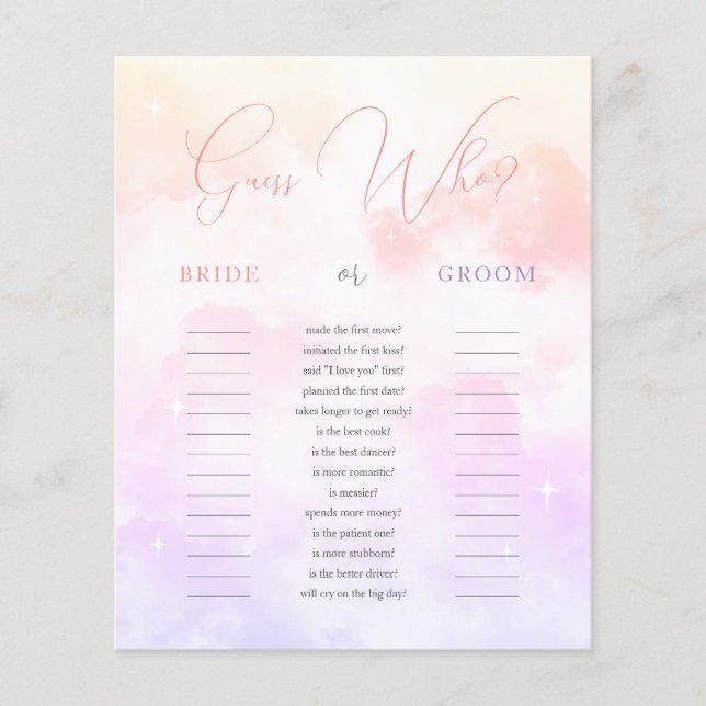 Lámina Adivina púrpura rosa quién es la novia o el juego  (Anverso)