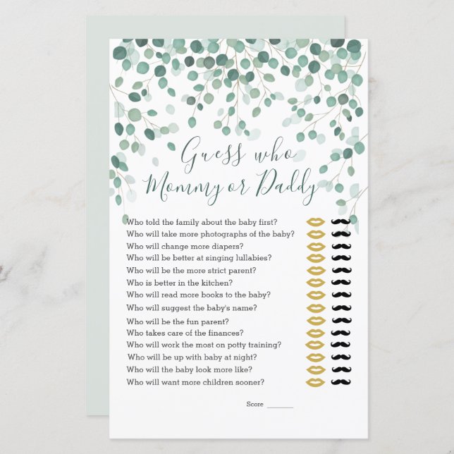 Lámina Adivina quién deja el juego de Baby Shower Eucalyp (Anverso / Reverso)