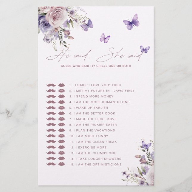 Lámina Adivina Quién Dijo Que Mauve Butterfly Game Card (Anverso)