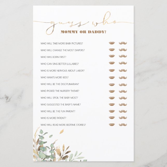 Lámina Adivina quién es el juego de Baby Shower de mamá o (Anverso)