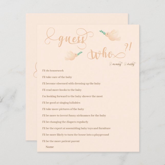 Lámina Adivina quién es el juego de Baby Shower de mamá o (Anverso / Reverso)