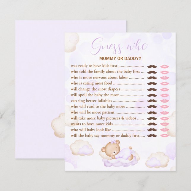 Lámina Adivina quién lleva el juego de Baby Shower Purple (Anverso / Reverso)