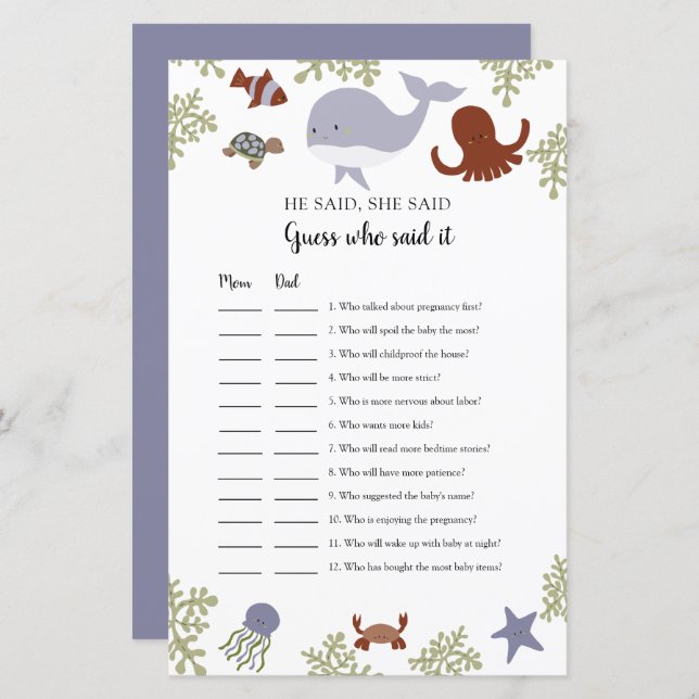 Lámina Adivina quién lo dijo Game Under Sea Baby Shower (Anverso / Reverso)