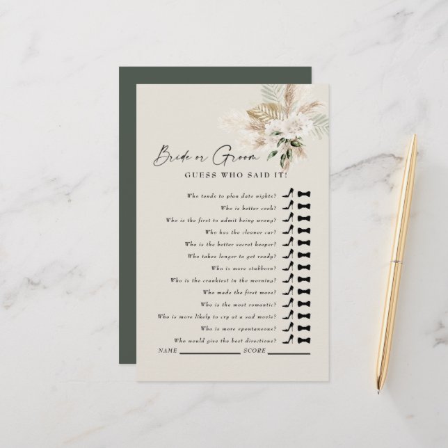 Lámina Adivina Quién Lo Dijo? Pampas Sage Bridal Shower (Anverso/Reverso In Situ)