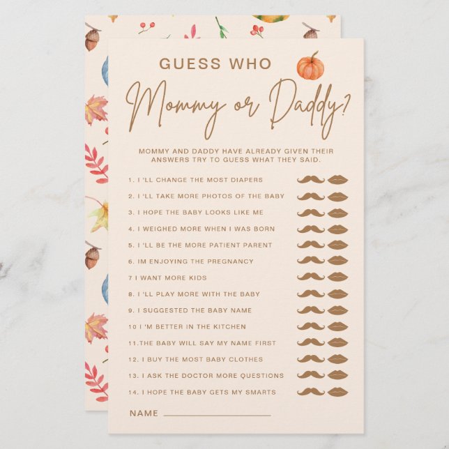 Lámina Adivina Quién Mami O Papi Calabaza Juego De Baby S (Anverso / Reverso)