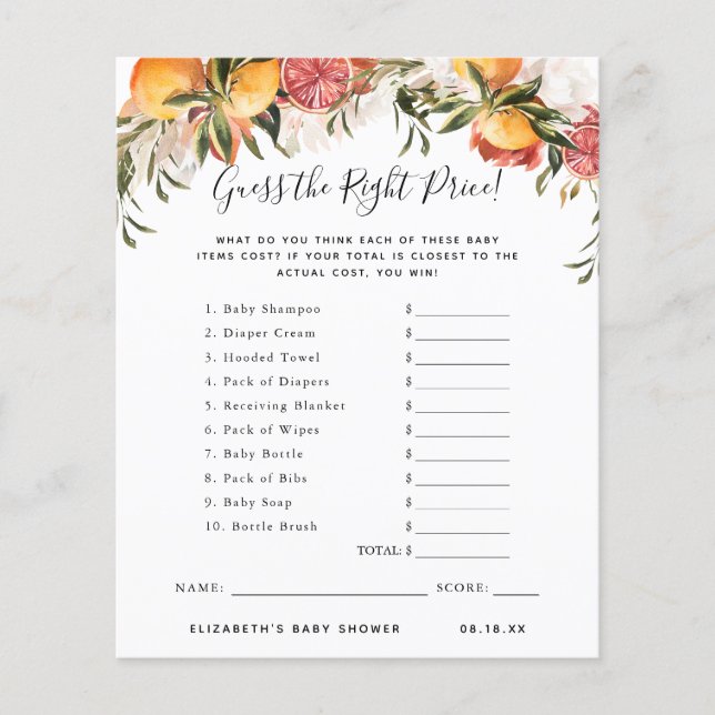 Lámina Adivinar El Precio | Juego Baby Shower (Anverso)