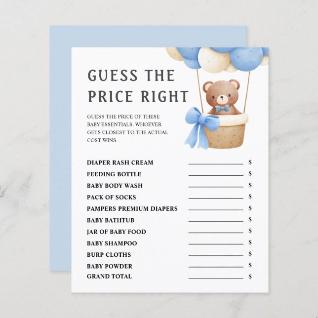 Lámina Adivinar El Precio | Juego de Baby Shower Cute Ted (Anverso / Reverso)