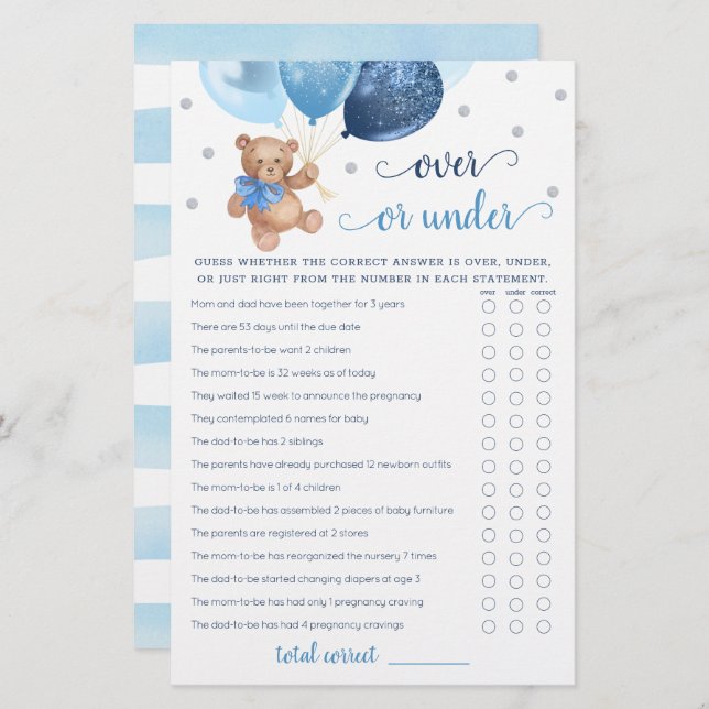 Lámina Adivinar sobre o debajo del juego Baby Shower Tedd (Anverso / Reverso)