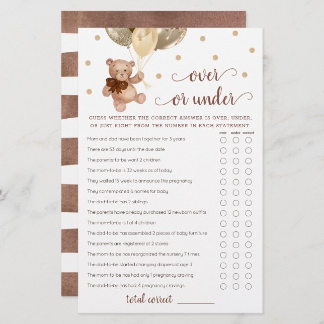 Lámina Adivinar sobre o debajo del juego Baby Shower Tedd (Anverso / Reverso)