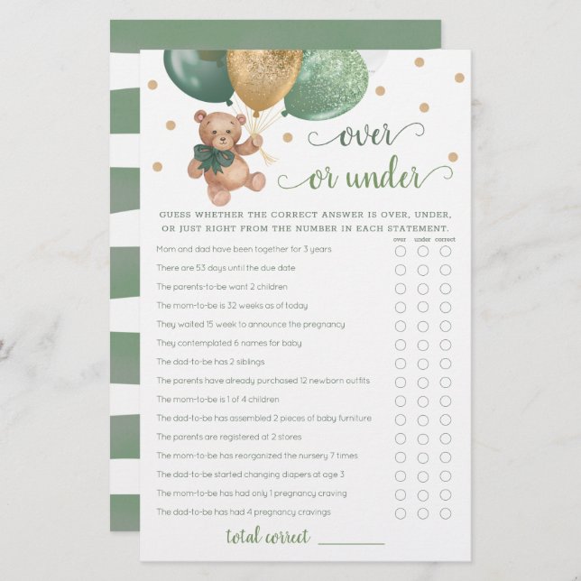 Lámina Adivinar sobre o debajo del juego Baby Shower Tedd (Anverso / Reverso)