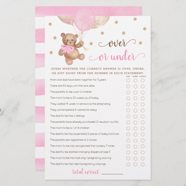 Lámina Adivinar sobre o debajo del juego Baby Shower Tedd (Anverso / Reverso)