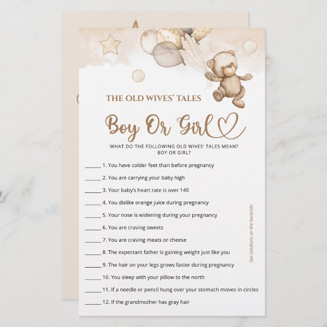 Lámina Adivinen Chico O Chica Cuentos De Bebé Oso Baby Sh (Anverso / Reverso)