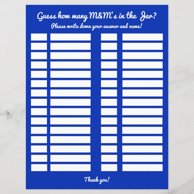 Lámina Adivinen cuántas M&M hay en el registro de Baby Sh (Anverso)