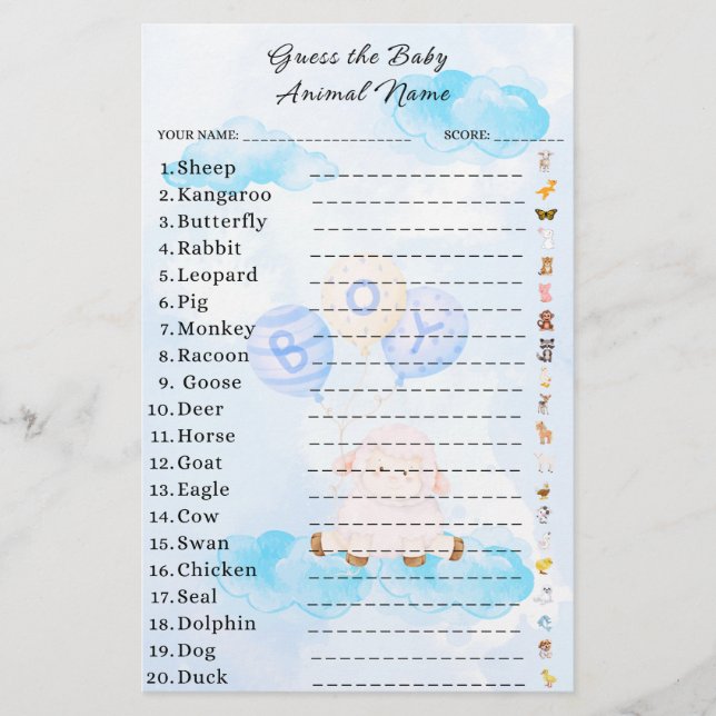 Lámina Adivinen el Baby Shower de Baby Animal Game (Anverso)