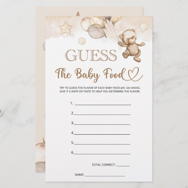 Lámina Adivinen el juego de Baby Shower Baby Food Baby (Anverso / Reverso)