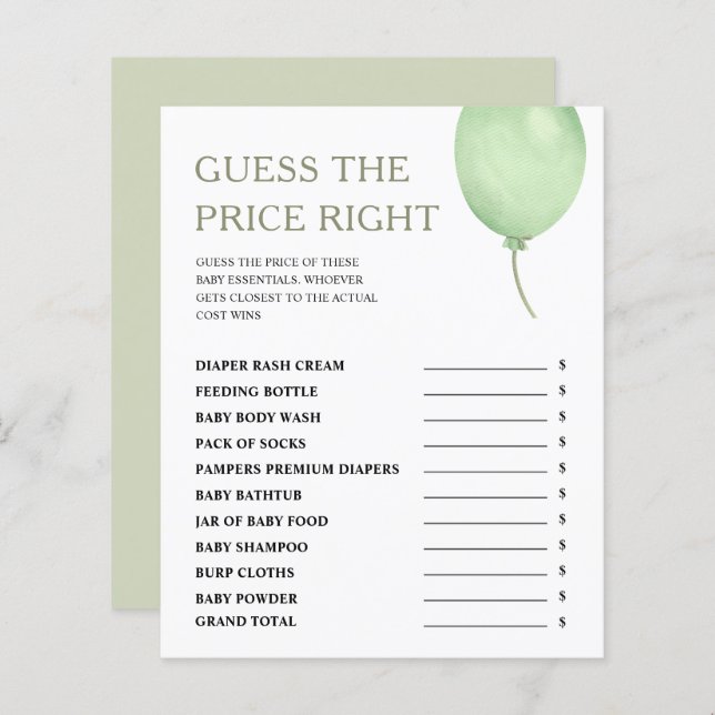 Lámina Adivinen El Juego De Baby Shower De Price Green Ba (Anverso / Reverso)