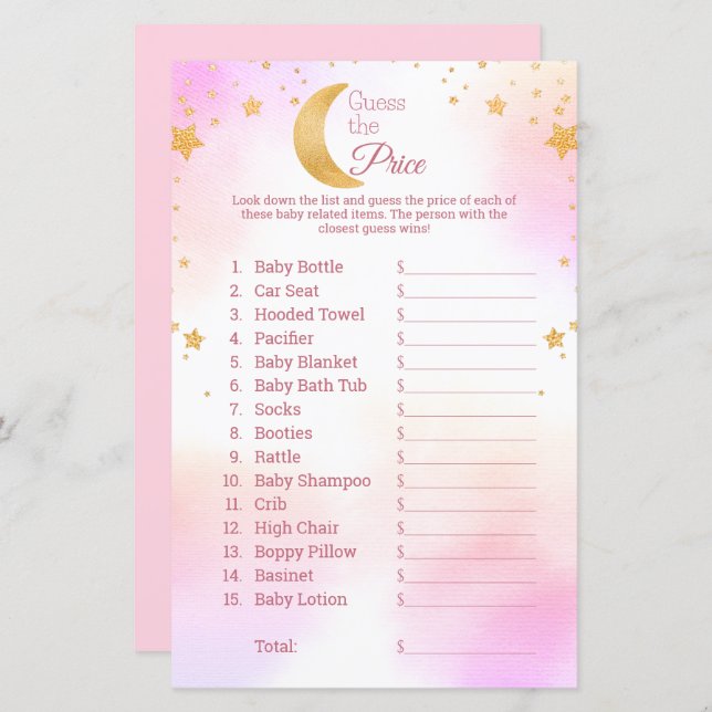 Lámina Adivinen el juego de Baby Shower rosado de Price M (Anverso / Reverso)