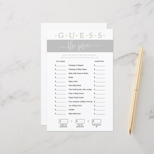 Lámina Adivinen el juego de precios Género Baby Shower ne (Anverso/Reverso In Situ)
