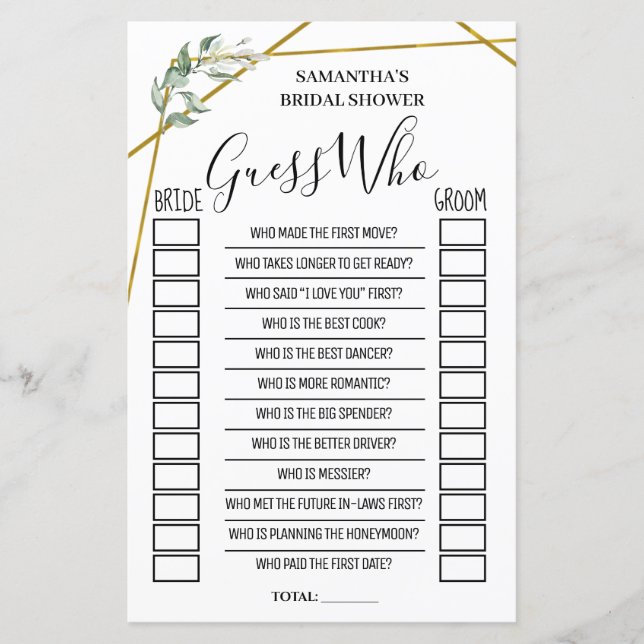 Lámina Adivinen quién ducha de novias juego español inglé (Anverso)