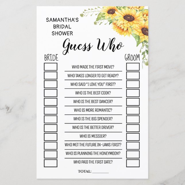 Lámina Adivinen quién ducha de novias juego español inglé (Anverso)