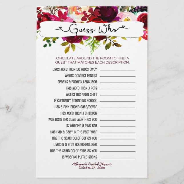 Lámina Adivinen quién + juegos de teléfono, floral borgoñ (Anverso)