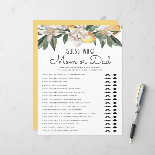 Lámina Adivinen Quién Mamá O Papá Lemon Citrus Baby Showe (Anverso/Reverso In Situ)