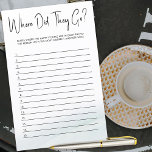 Lámina ¿Adónde fueron para jugar al juego de la ducha de<br><div class="desc">¿A dónde fueron? juego para duchas de parejas, ducha de bodas, ducha de novia... Diseñado para el juego de fotos del boda o de la ducha de novias "adónde fueron" o "adónde fueron" con líneas numeradas para que sus invitados sumen hasta 12 respuestas. El título "¿Dónde fueron?" destaca en caligrafía...</div>