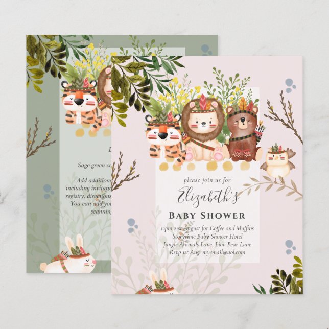Lámina Adorable Jungle Animals Baby Boys Shower Invite (Anverso / Reverso)