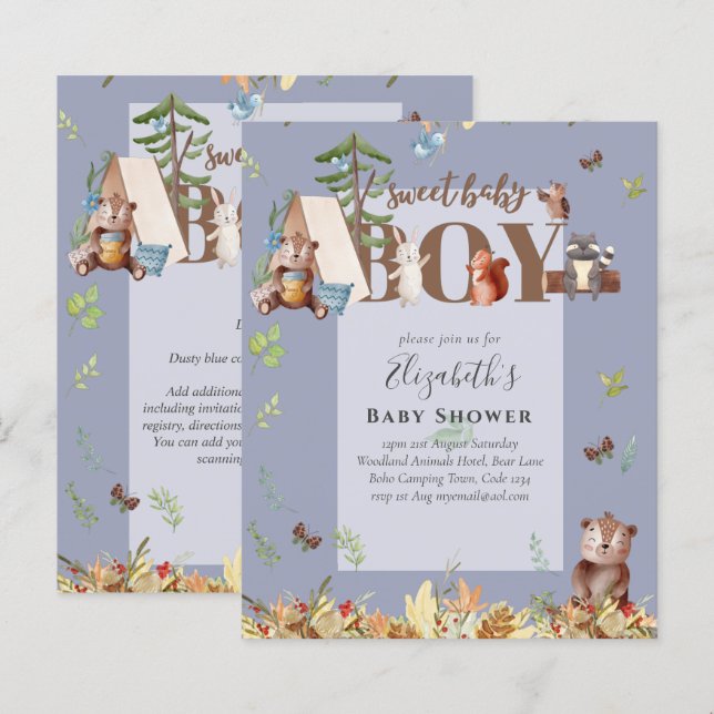 Lámina Adorable Woodland Bear Camping Boys Baby Shower In (Anverso / Reverso)