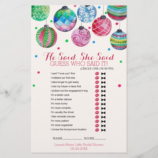 Lámina Adornos de Navidad Juego de Él Dijo Ella Dijo (Anverso)