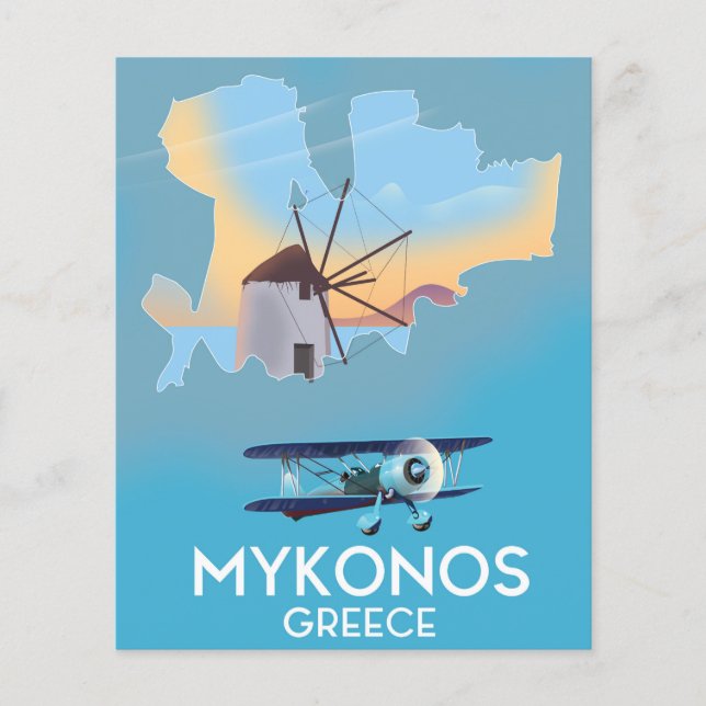 Lámina Afiche de viaje del Mapa de Grecia de Mykonos (Anverso)