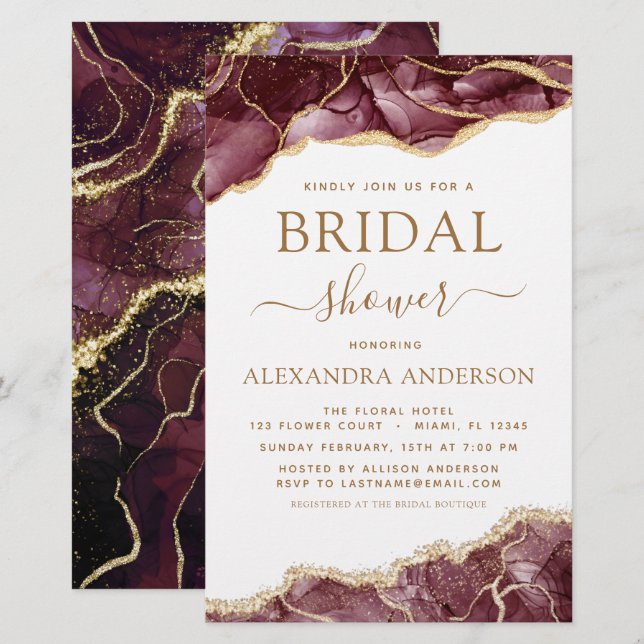 Lámina Agate de presupuesto Borgoña Bridal Shower Gold (Anverso / Reverso)