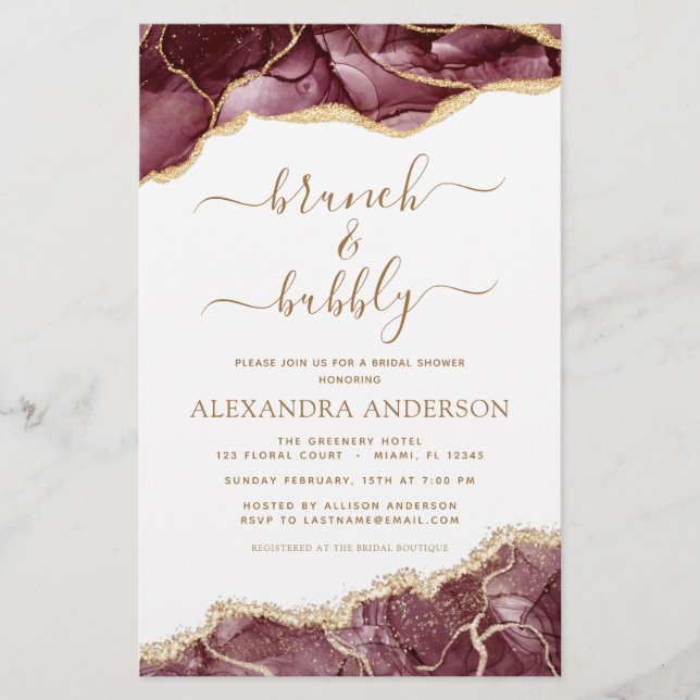 Lámina Agate de presupuesto Burgundy Gold Brunch & Bubbly (Anverso)