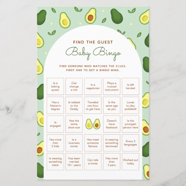 Lámina Aguacate Encuentra El Juego De Baby Shower De Bing (Anverso)