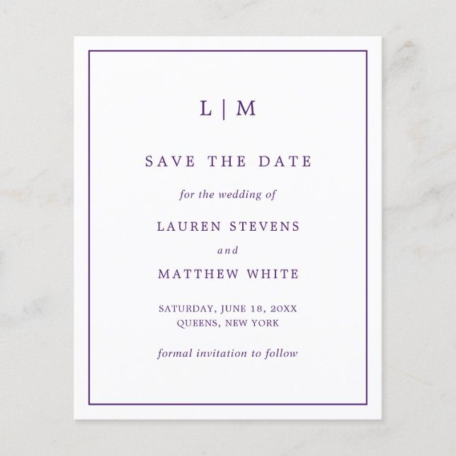Lámina Ahorro de boda simple morado Save the Date (Anverso)