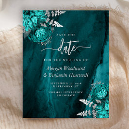 Lámina Ahorro Teal Floral de Boda Plata Save the Date