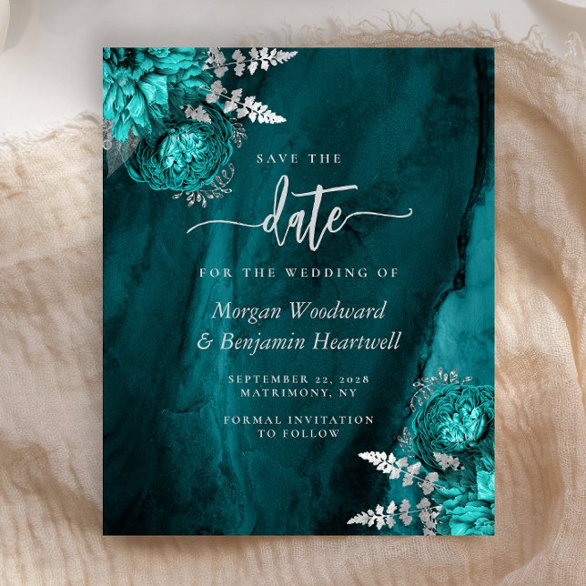 Lámina Ahorro Teal Floral de Boda Plata Save the Date (Subido por el creador)