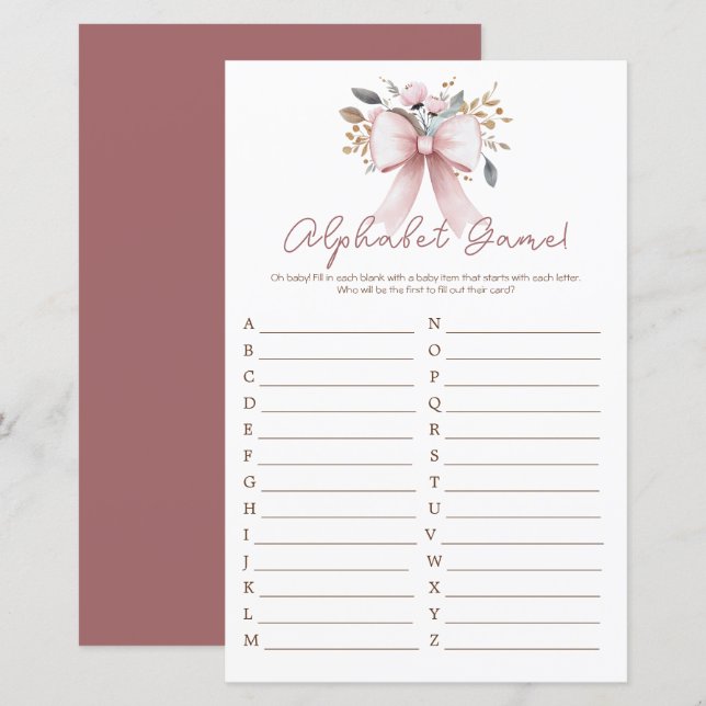 Lámina Alfabeto Baby Shower Chica Boho Floral Bow rosa (Anverso / Reverso)