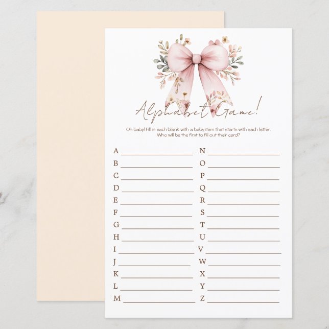 Lámina Alfabeto Baby Shower Chica Floral Bow rosa (Anverso / Reverso)