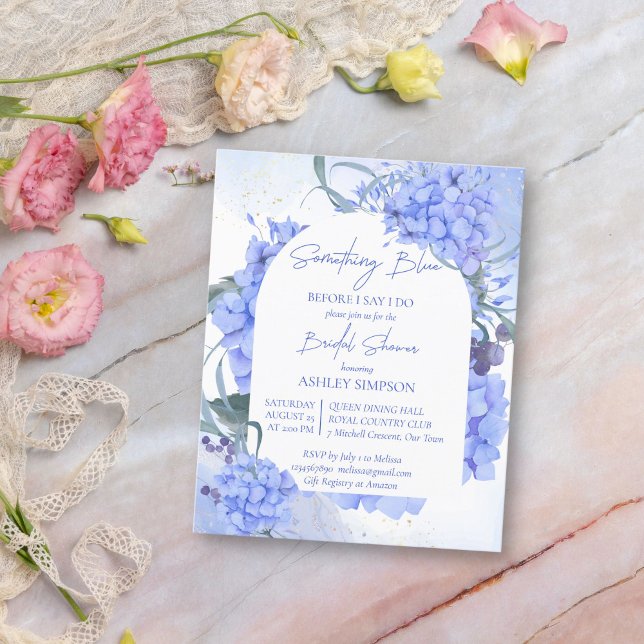 Lámina Algo azul elegante ducha de novia invitación (Something blue bridal shower blue hydrangeas budget affordable bridal shower invitation template)