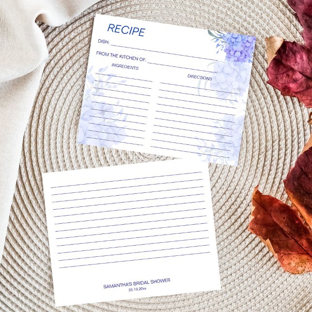 Lámina Algo azul hydrangea baby shower de la novia receta (Something blue hydrangea floral bridal shower recipe card)