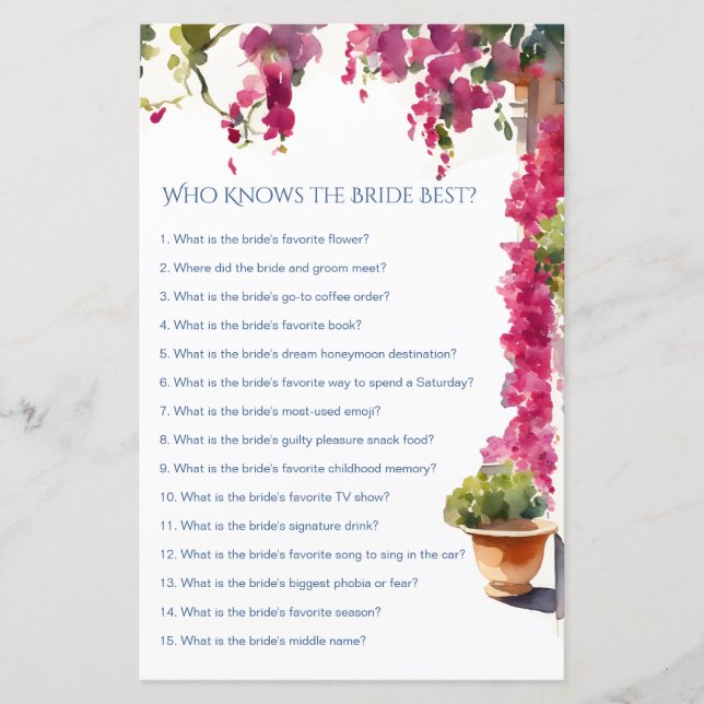 Lámina Amalfi bridal shower games who knows bride best (Anverso)