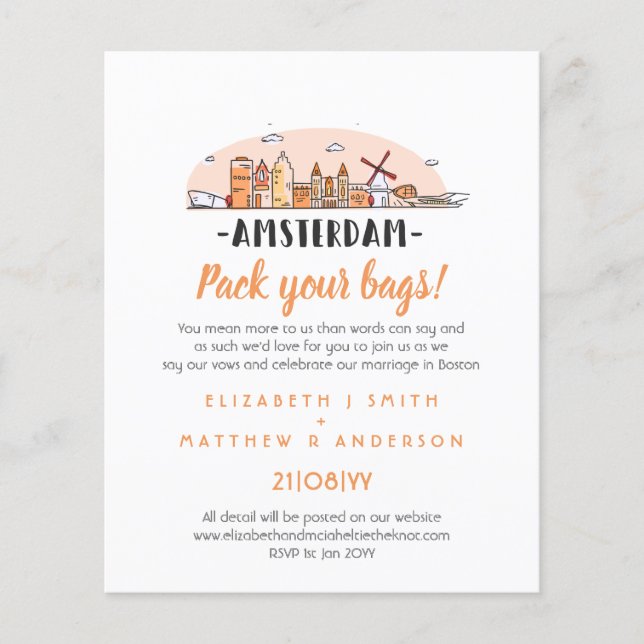 Lámina AMSTERDAM Boda Invitación moderna de la línea de h (Anverso)