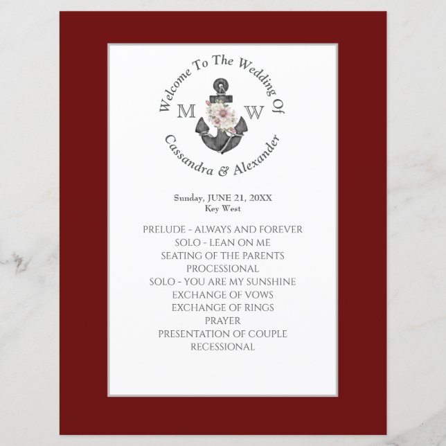 Lámina Ancla floral Boda naumático Maroon Red (Anverso)