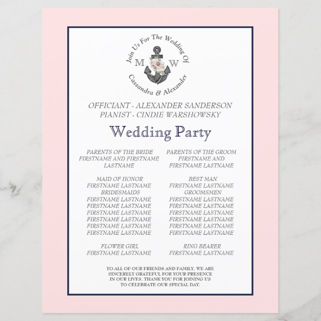 Lámina Anclaje floral Boda náutico Marina rosa azul (Reverso)